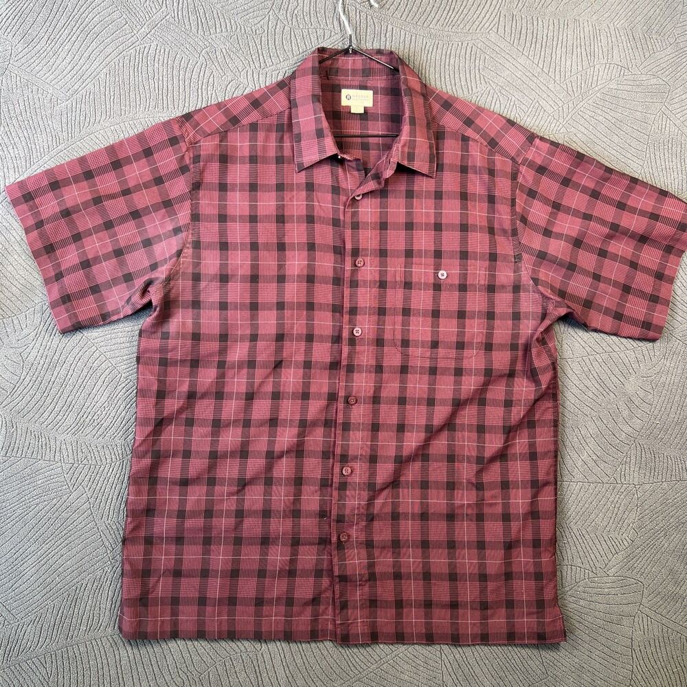 Haggar Men's L Short Sleeve Button Up Shirt Black/Red Plaid Check